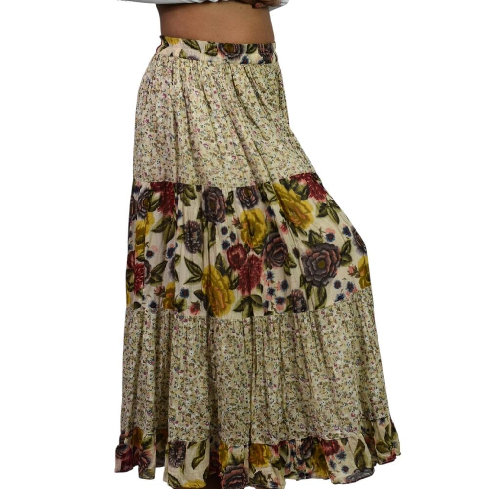 Vintage Tangibles Broomstick Skirt Tan Floral Tier Maxi Gauzy Rayon India Medium - Picture 3 of 16